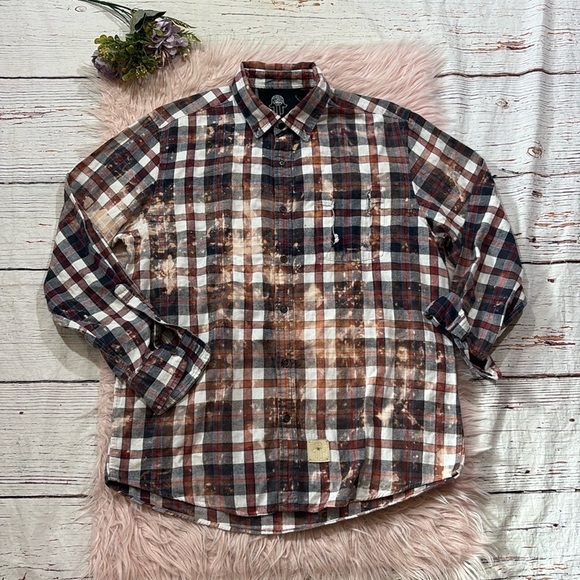 Two Gypsea Souls Tops - Two Gypsea Souls Unisex Upcycleded Bleached Distressed Flannel Button Down